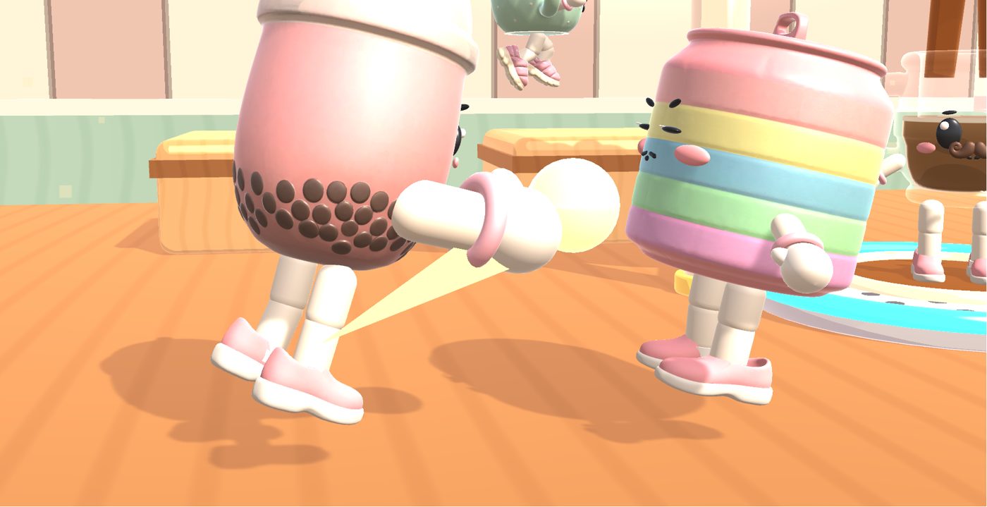 Two cup characters bumping into each other, drink flying