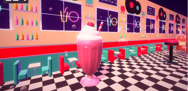 A diner counter with a milkshake and a jukebox