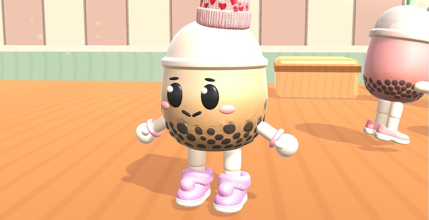 A boba cup character with a knitted hat standing on a café floor